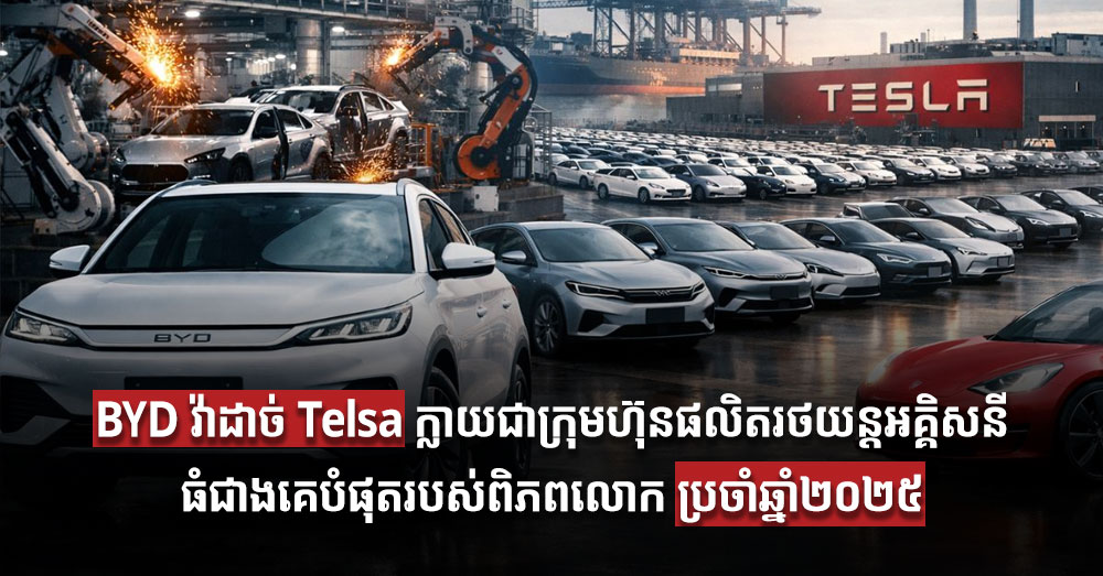 BYD វ៉ាដាច់ Telsa ក្លាយជាក្រុមហ៊ុនផលិតរថយន្តអគ្គិសនីធំជាងគេបំផុតរបស់ពិភពលោក ប្រចាំឆ្នាំ២០២៥