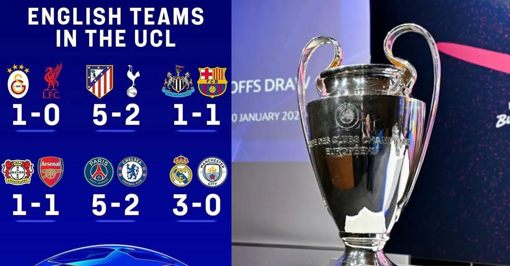 មិននឹកស្មាន! ទាំង ៦ក្លិបរបស់អង់គ្លេស សុទ្ធតែធ្វើមិនបានល្អ នៅថ្ងៃបើកឆាកជើងទី១ UCL វគ្គ ១៦ក្រុម