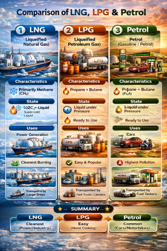 ចំណេះដឹងទូទៅ៖ ឈ្វេងយល់ខ្លះៗពី ឧស្ម័នធម្មជាតិរាវ (LNG), ឧស្ម័នឥន្ធនៈរាវ (LPG) និងប្រេងឥន្ធនៈ (Petrol)