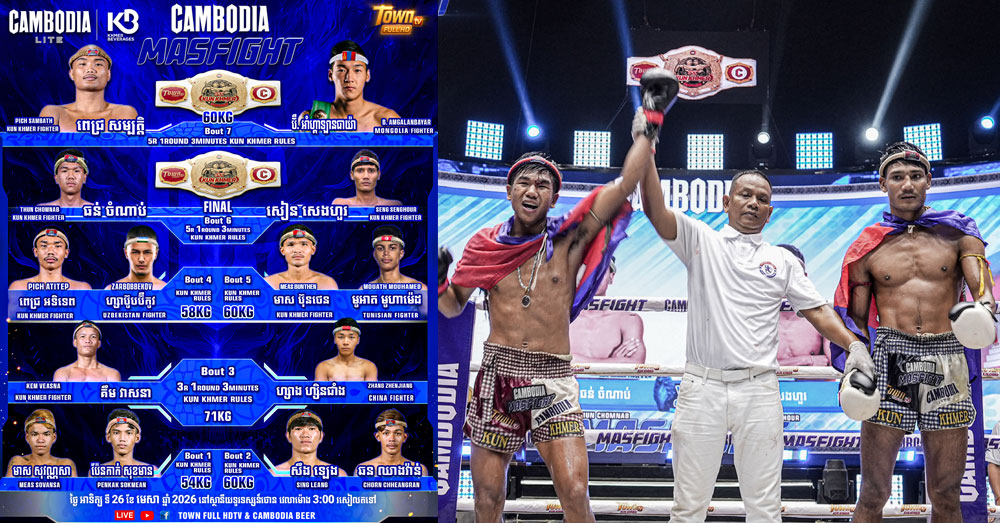 រកឃើញជើងខ្លាំងគុនខ្មែរទៀតហើយ! «ខ្មែរ ប៊ែវើរីជីស» ឧបត្ថម្ភ ៤០លានរៀល ដល់ម្ចាស់ខ្សែក្រវាត់វគ្គផ្តាច់ព្រ័ត្រ ក្នុងសង្វៀន «CAMBODIA MAS FIGHT»